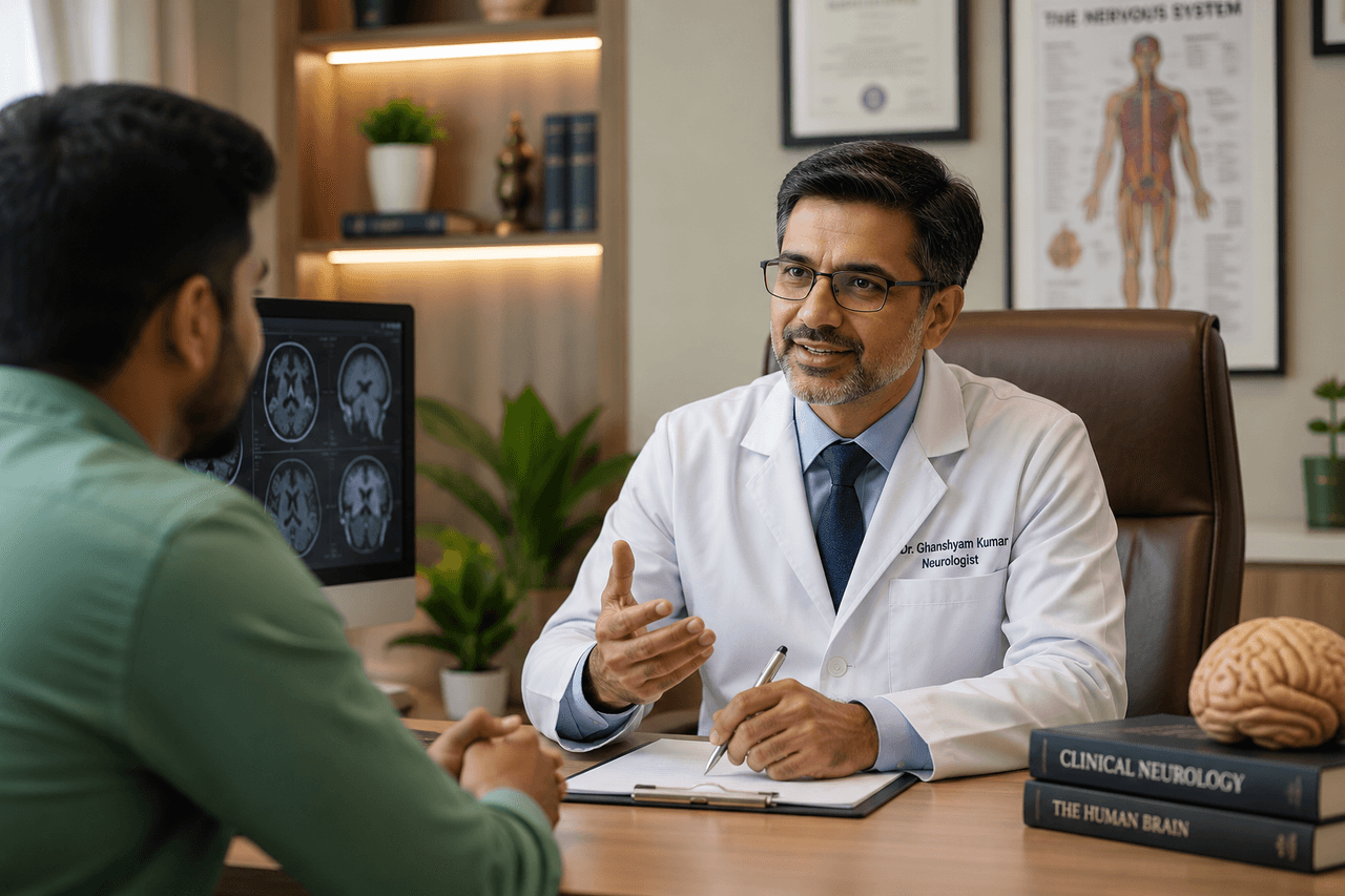 Dr. Ghanshyam Kumar consulting a patient
